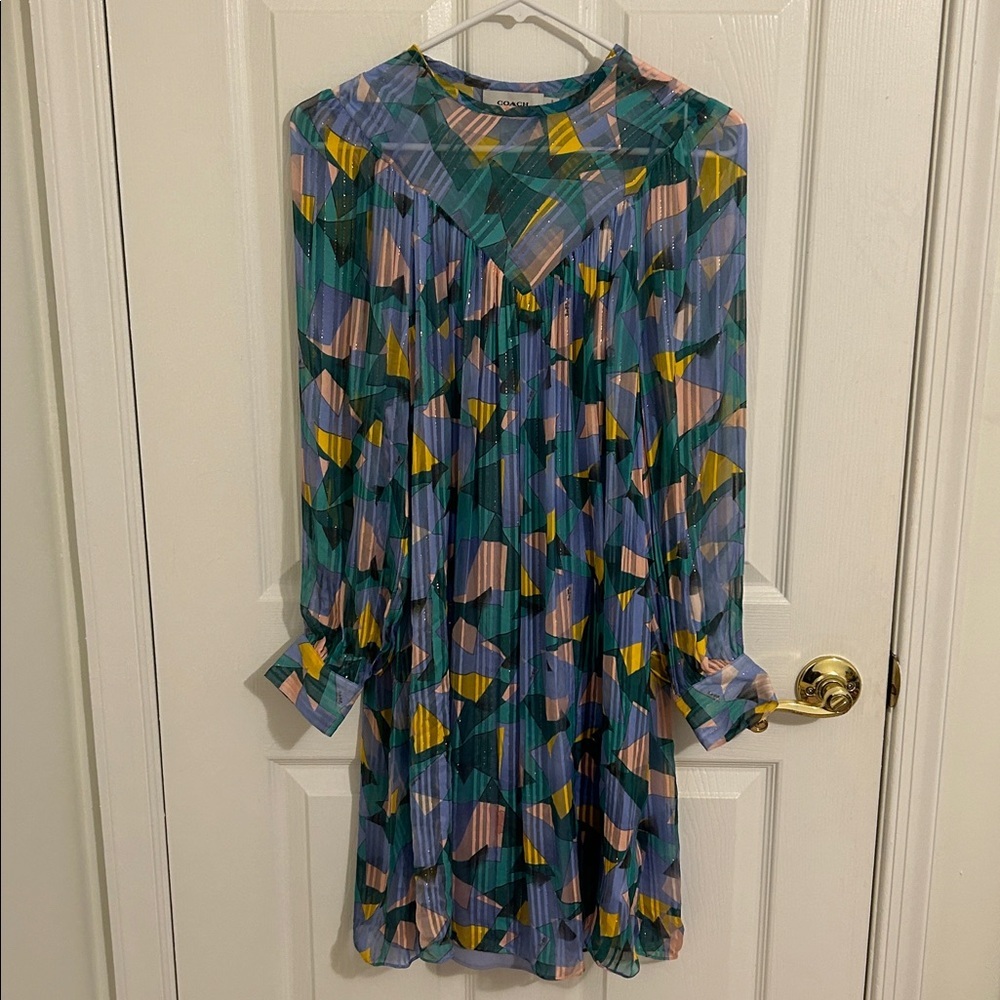 Coach 1941 Bold Geo Geometric Yoke Mini Dress Gold Thread New Size 0 Flowy - Picture 4 of 16